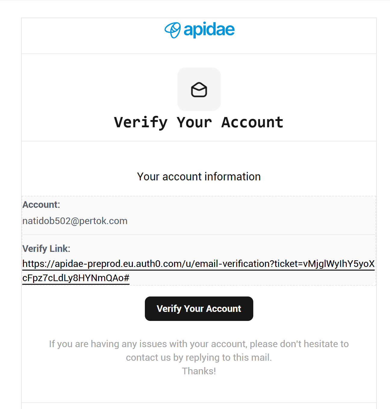 Mail de validation du compte Apidae