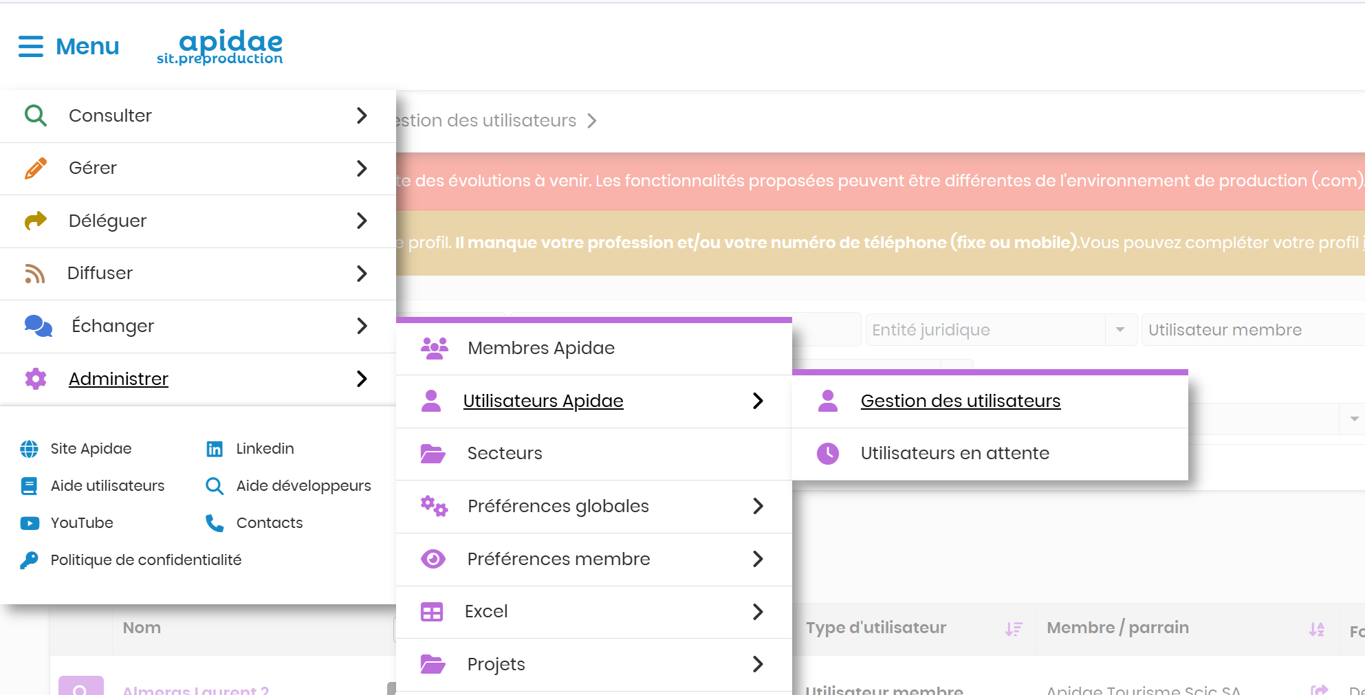 Accès au menu Gestion des utilisateurs