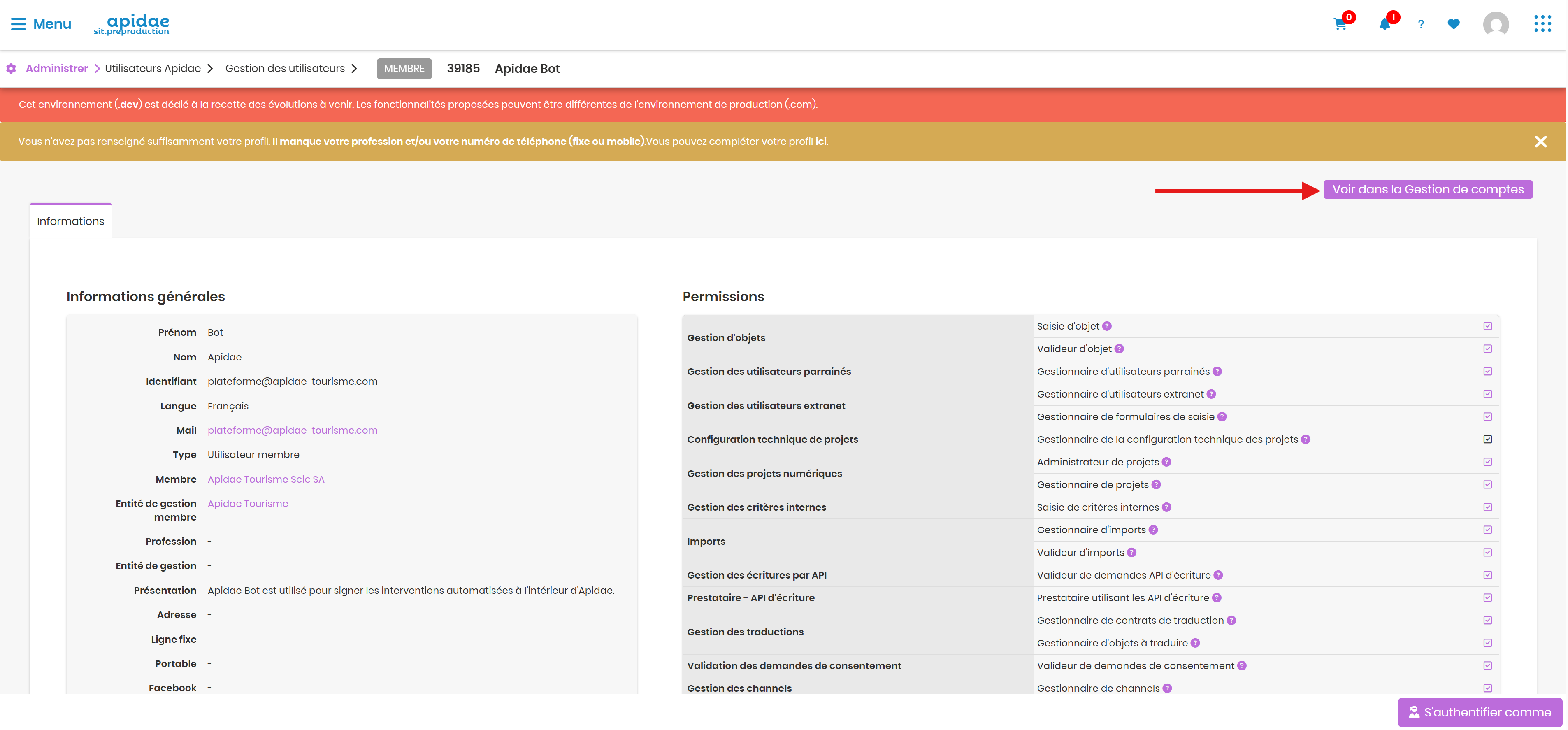 Bouton Voir dans la gestion de comptes