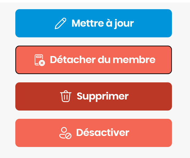 Boutons Supprimer ce compte et Désactiver ce compte