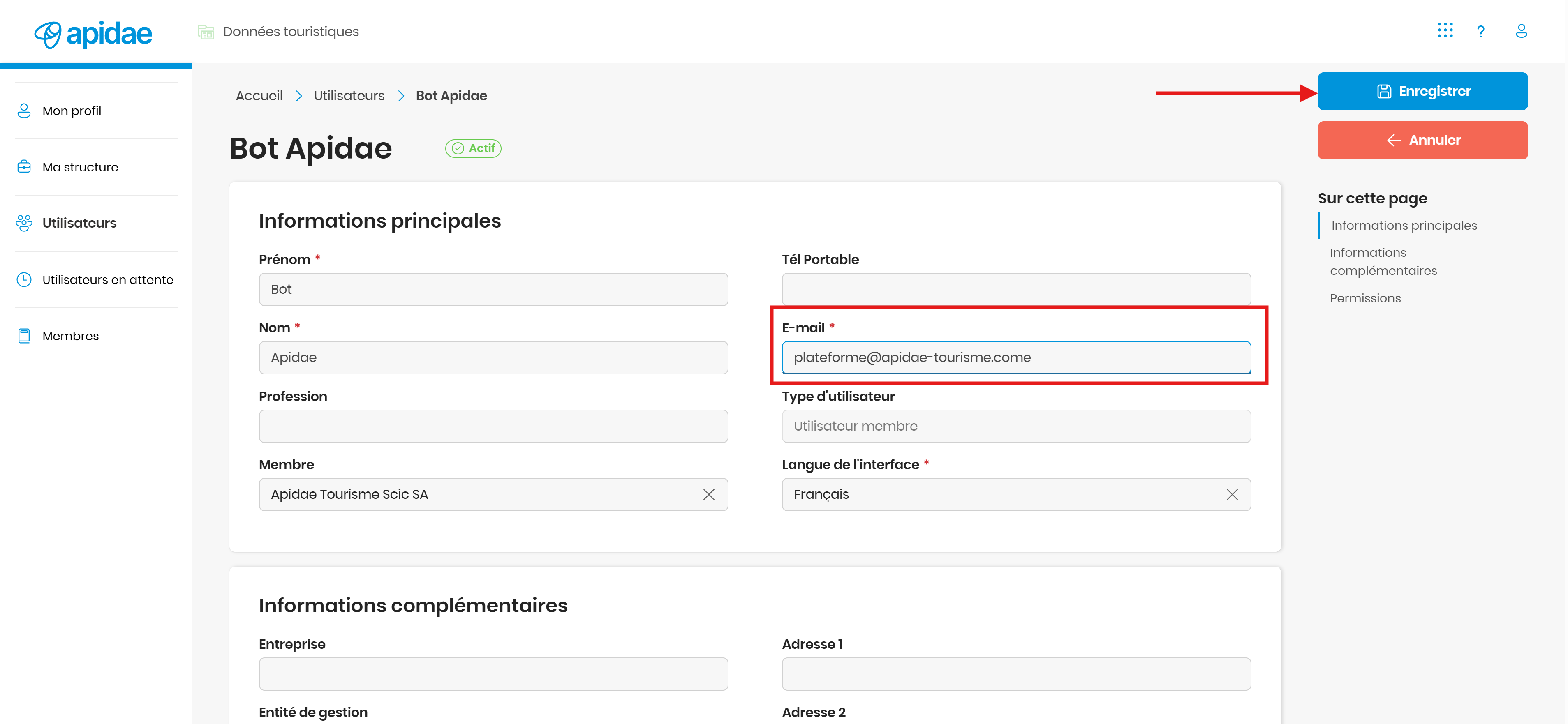 Modification de l'adresse e-mail