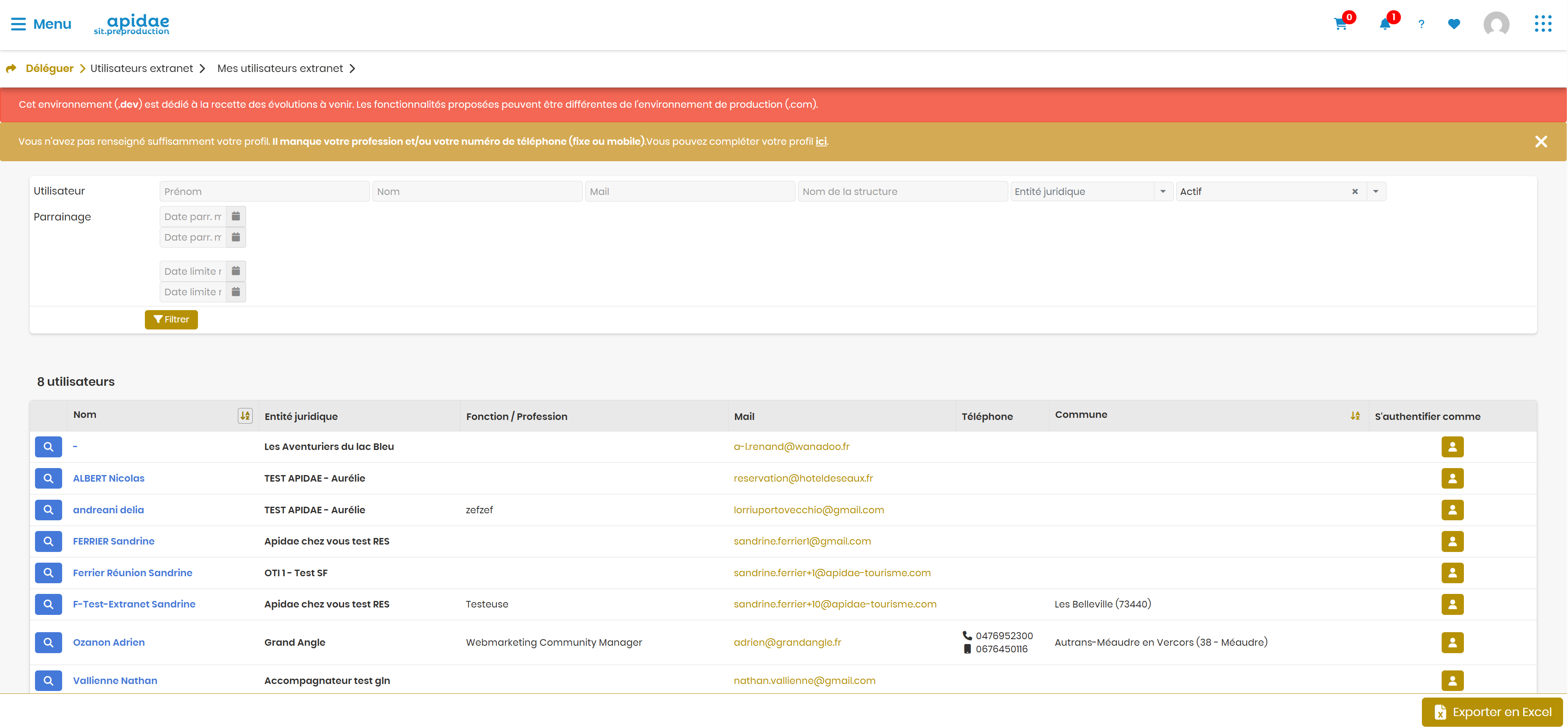 Liste des utilisateurs extranet