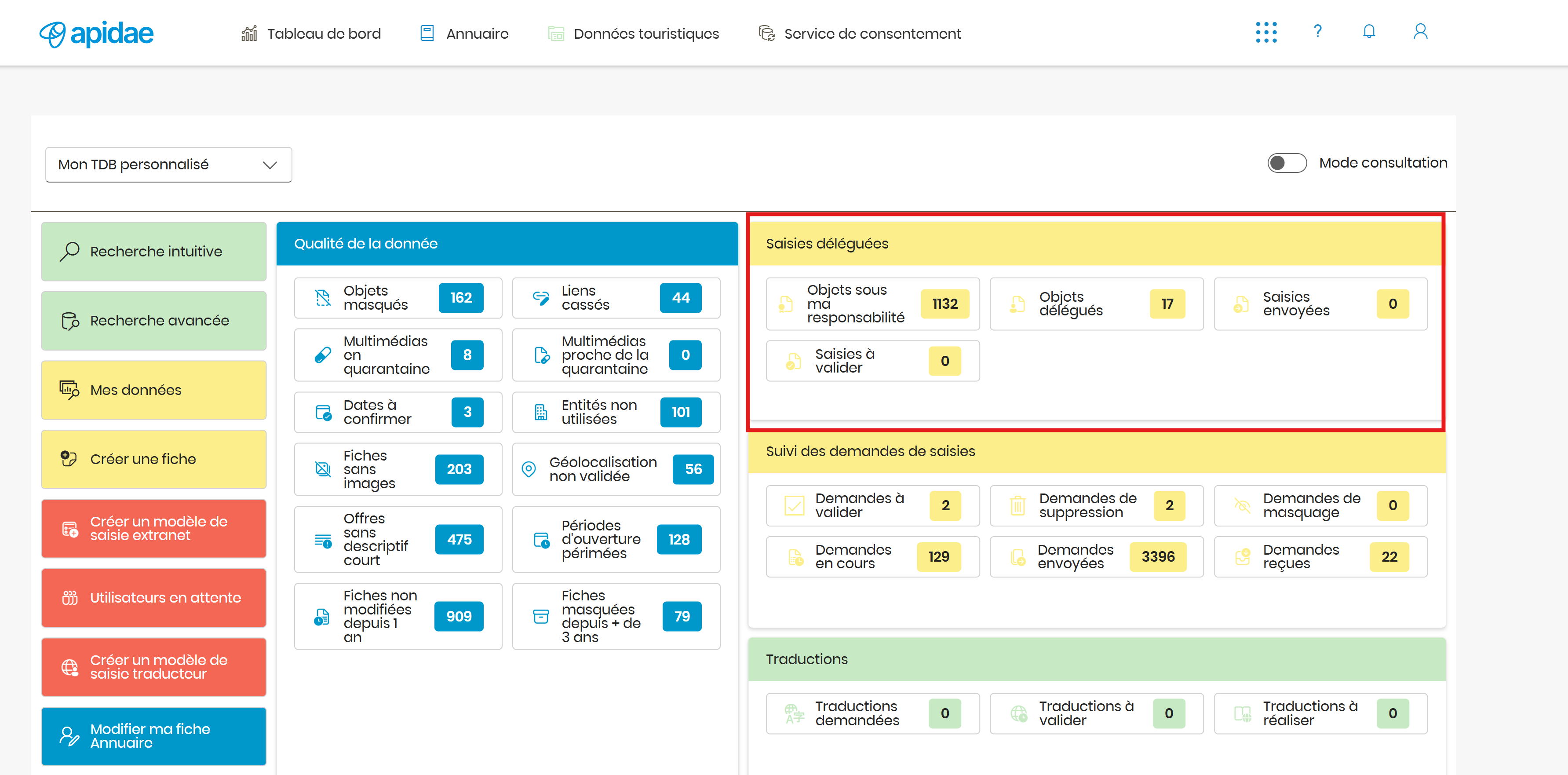Bloc Saisies déléguées - extranet sur le tableau de bord