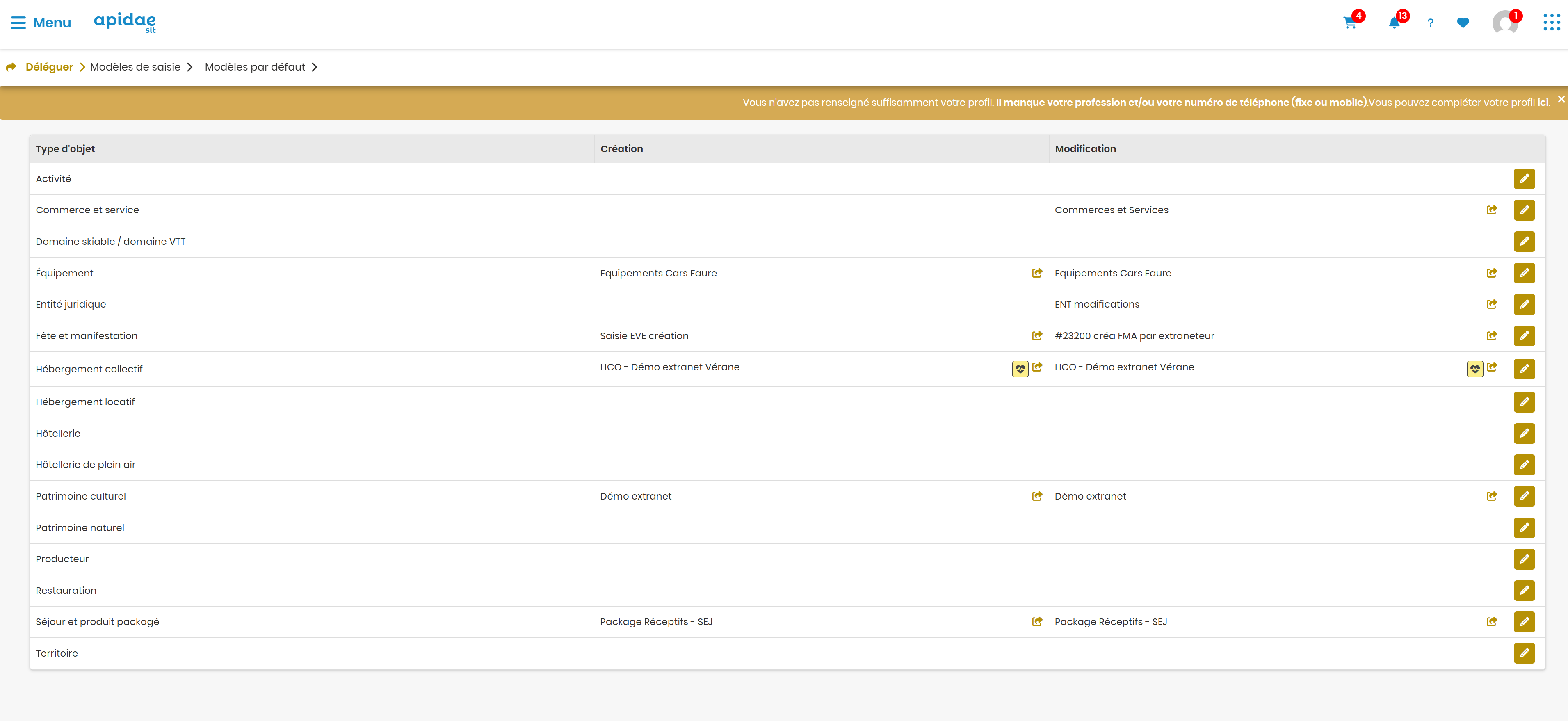 Modèles par défaut extranet