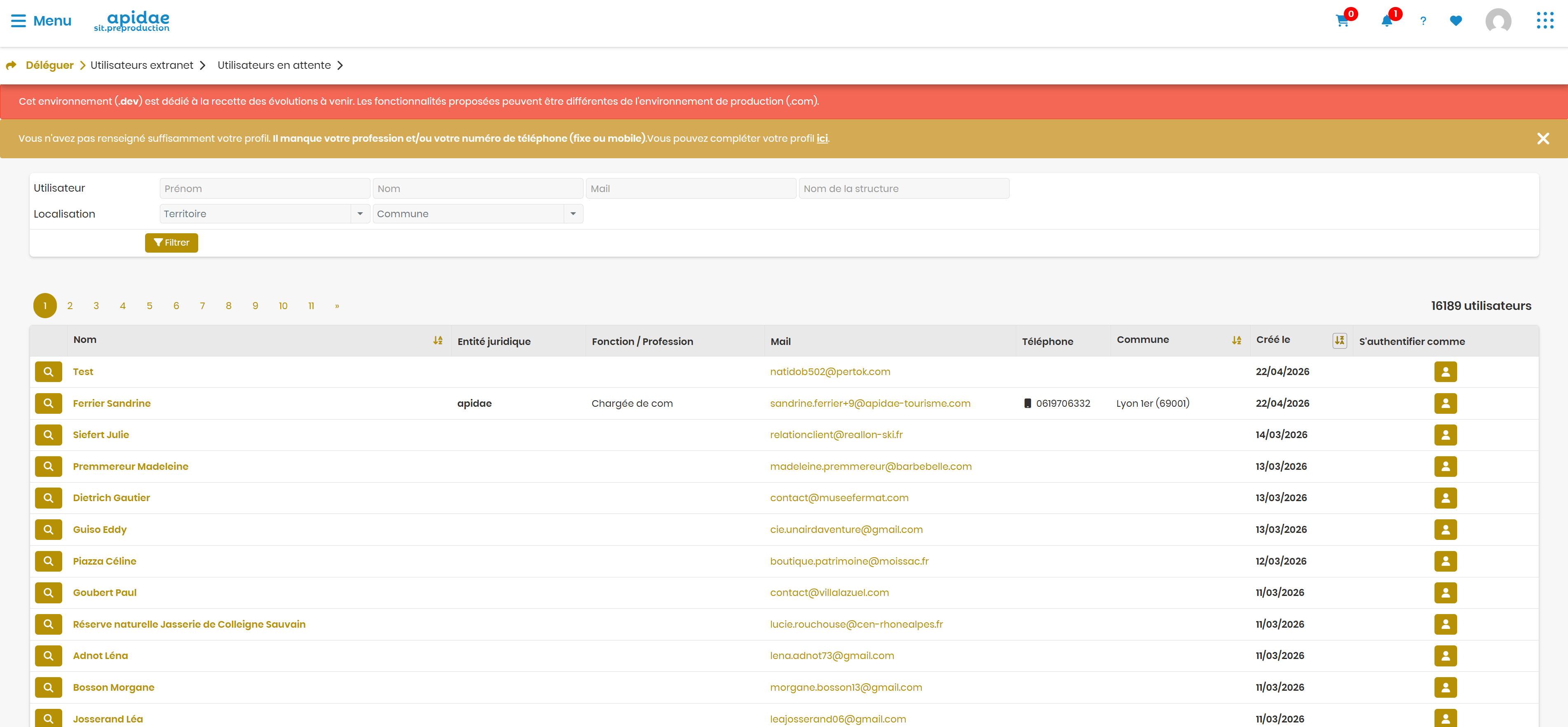 Liste des utilisateurs en attente