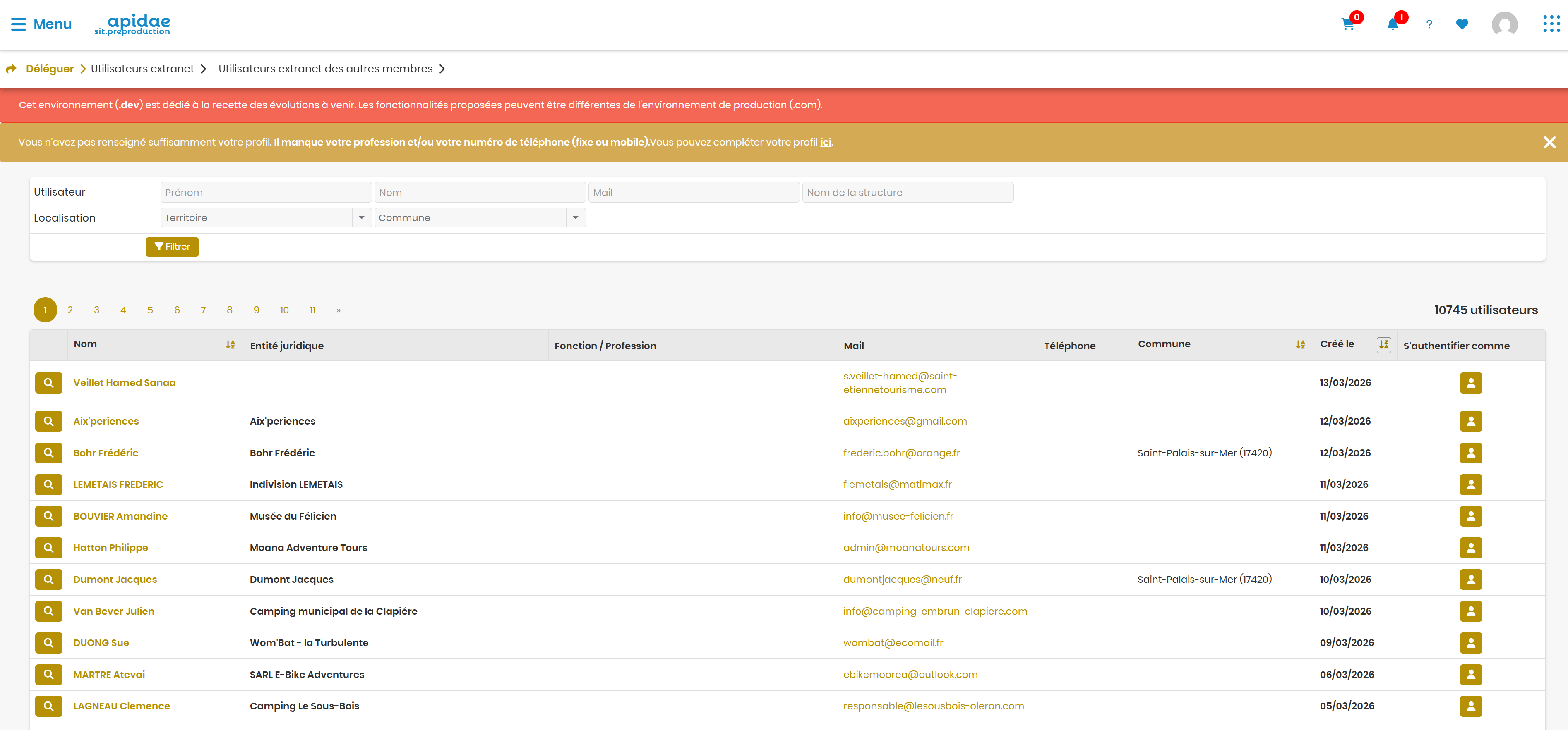 Liste des utilisateurs extranet des autres membres