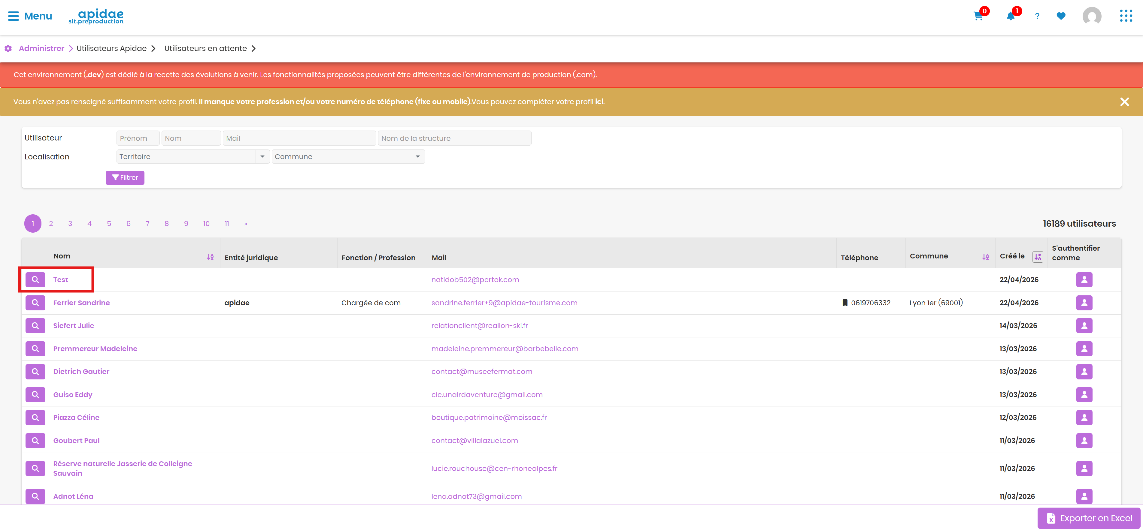 Liste des utilisateurs en attente