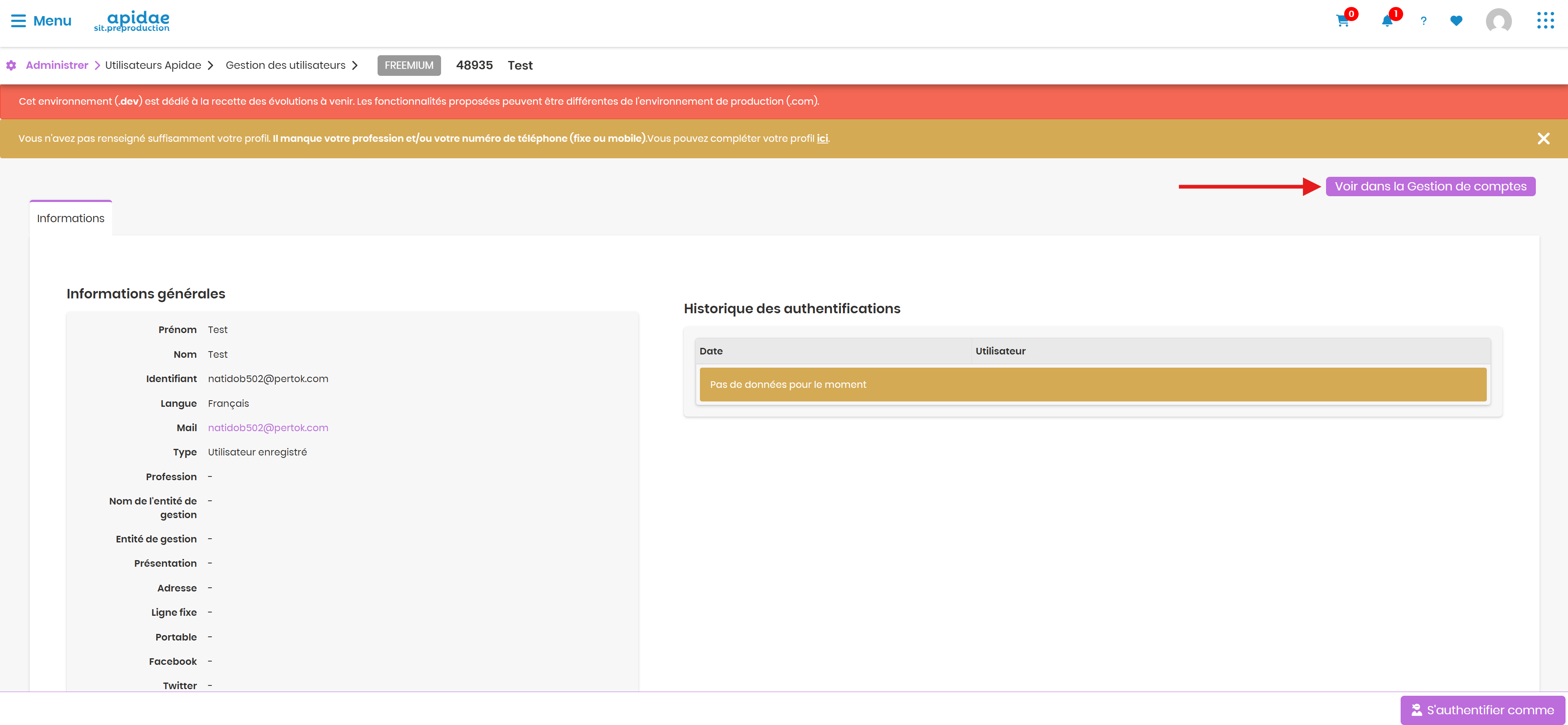 Voir dans la Gestion de comptes
