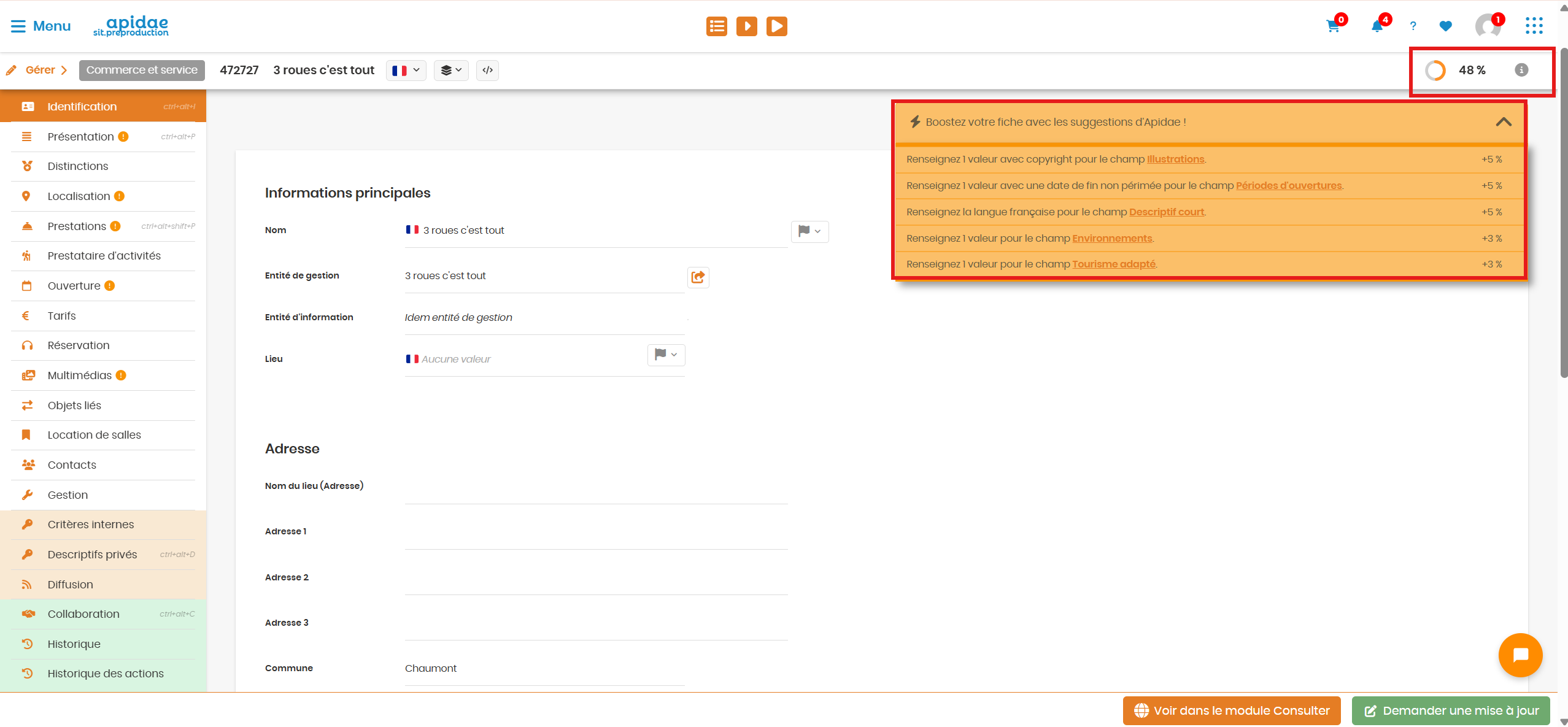 Encart Boostez votre fiche avec les suggestions d'Apidae